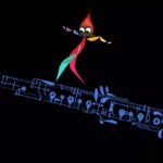 An animated sprite balances on an animated oboe