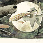 An illustrated wolf has its mouth open, trying to eat a mouse flying on a duck, in front of a full moon