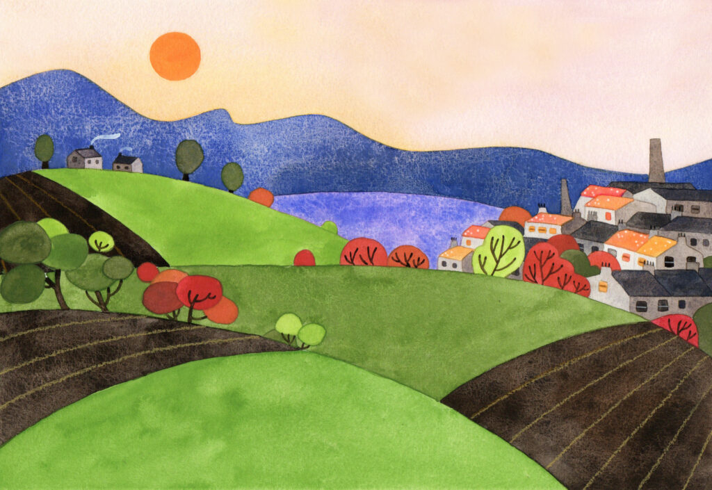 An animated pastoral scene. There are rolling green and brown fields in the bottom of the image, and blue rolling hills with orange sky in the top part of the image. In the top right is a village, with houses and a spire.